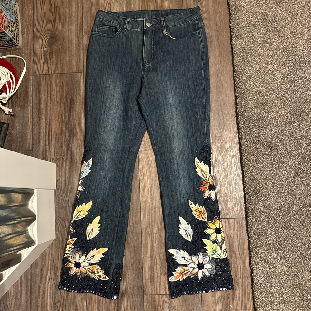 Soft Surroundings Dark Blue Floral Embroidered Jeans